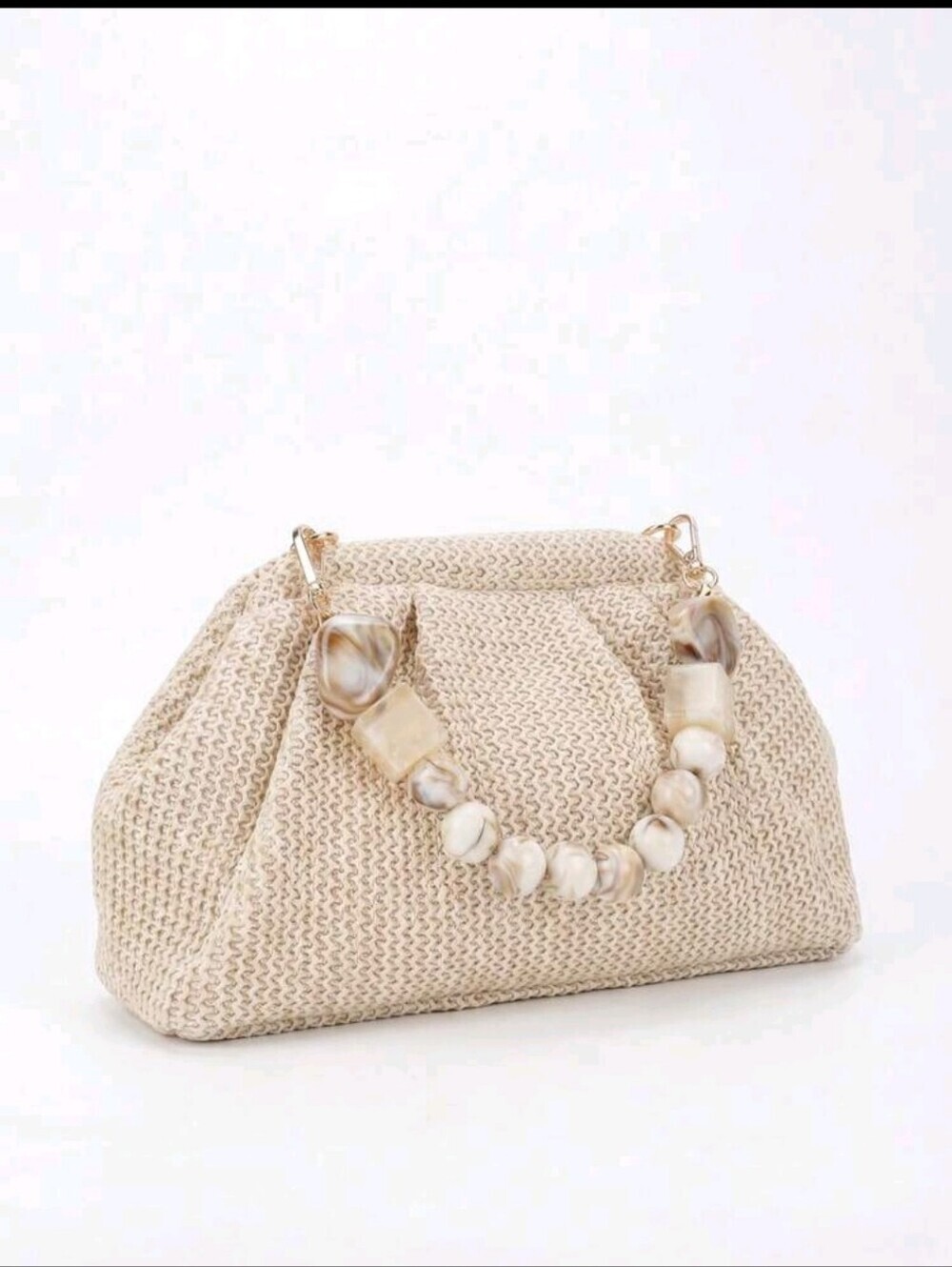 Beige Woven Bead-Handle Shoulder Bag